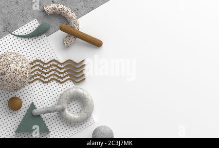 Abstrakte Komposition mit Stein und Beton Textur primitiven geometrischen Formen ist auf weißem Hintergrund isoliert. Platz für Text kopieren. Realistisches 3D Stockfoto