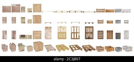 Ein Satz von Paletten, Kartons und Kartons. Draufsicht, Seitenansicht, Vorderansicht und Perspektive. Isoliert auf weißem Hintergrund. 3d-Rendering. Stockfoto