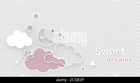 Cartoon schlafender Mond, Wolken und Sterne am Nachthimmel. Wir wünschen gute Nacht und süße Träume. Grußkarte mit Kopierplatz. 3D-Rendering. Stockfoto