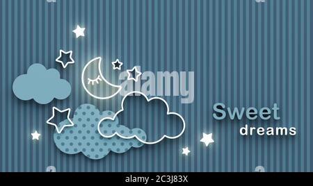 Cartoon schlafender Mond, Wolken und Sterne am Nachthimmel. Wir wünschen gute Nacht und süße Träume. Grußkarte mit Kopierplatz. 3D-Rendering. Stockfoto