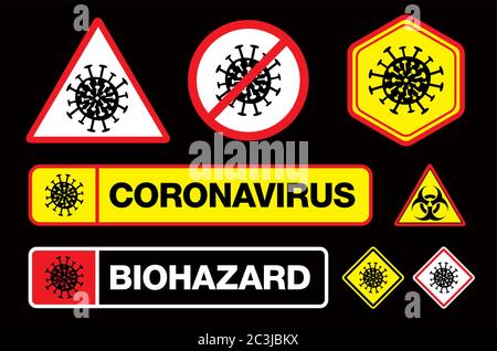 Covid-19 Coronavirus-Zeichen mit Darstellung des Virus selbst. Sperre. Pandemie. Ausbruch. Aufkleber oder Embleme Set. Stock Vektor