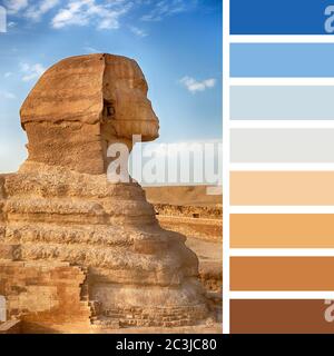 Eine Profilansicht der Sphinx, Giza, Ägypten, in einer Farbpalette mit komplementaren Farbfeldern. Stockfoto
