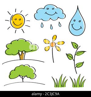 Farbenfrohe handgezeichnete Skizzen. Sommer- und Frühlingsdesign-Elemente. Vektorgrafik Stock Vektor