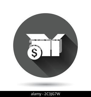 Versandkarton mit Dollar-Symbol in flacher Ausführung. Container Vektor-Illustration auf schwarzem runden Hintergrund mit langen Schatten-Effekt. Karton Paket Kreis Stock Vektor