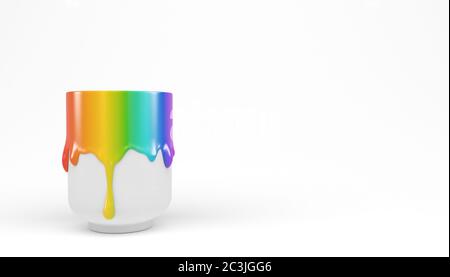 Eine weiße сup mit breitender dicker Regenbogenfarbe Farbe Gouache auf weißem Hintergrund. Banner mit Kopierbereich. 3D-Rendering. Stockfoto