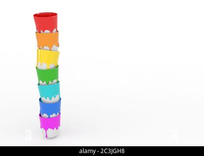 Sieben сups mit undichter Gouache-Farbe sind in einer Reihe. Isoliert auf weißem Hintergrund. Dicke Regenbogenfarbe Farbe. Banner mit Kopierbereich. 3D-Rendering. Stockfoto