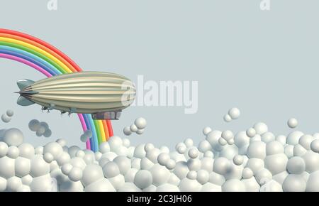 Cartoon Luftschiff fliegt in den blauen Himmel vor dem Hintergrund von Blase Wolken und Regenbogen. Pastellfarben. Сopy Raum. 3D-Rendering. Stockfoto