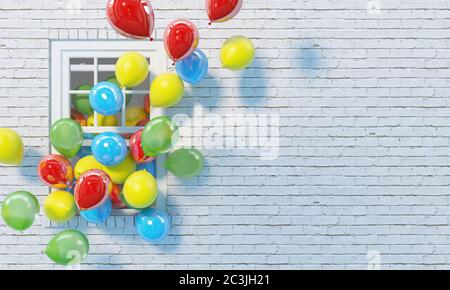 Viele bunte Luftballons fliegen aus einem offenen Fenster auf dem Hintergrund einer weißen Ziegelwand heraus. Speicherplatz kopieren. 3D-Rendering. Stockfoto