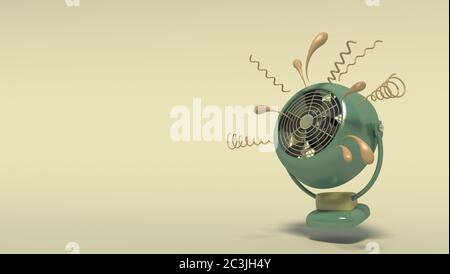 Banner mit einem alten grünen Fächer im Cartoon-Stil. Isoliertes Objekt auf hellgelb-grünem Hintergrund mit Platz für Text. 3D-Rendering Stockfoto