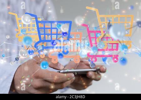 Nahaufnahme eines Mannes, der ein Telefon mit bunten hält Grafische Shopping Cart-Symbole Stockfoto