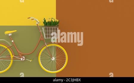 Altes Retro Fahrrad in braun mit gelben Rädern und gelben Blumen in einem Korb auf einem bunten Hintergrund. Speicherplatz kopieren. Abstraktes Konzept. 3D-Rendering. Stockfoto