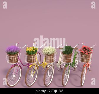 Set von alten Retro-Fahrräder mit bunten Blumen in Körben stehen in einer Reihe auf einem lila Hintergrund. Speicherplatz kopieren. 3D-Rendering. Stockfoto