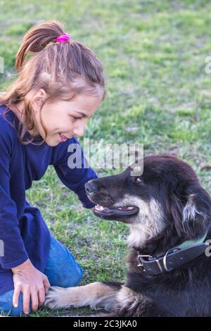 Das Mädchen sieht sanft in die großen Hundehaugen. Freundschaft zwischen Kind und Tier Stockfoto