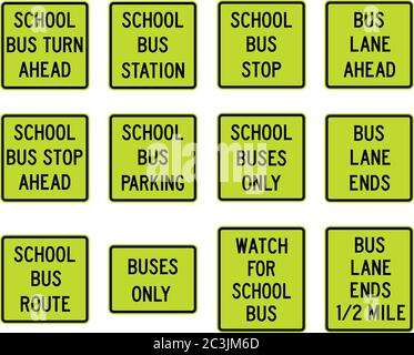 Schulbus Straßenschilder, Abbiegen, Bahnhof, Haltestelle, Parkplatz, Nur Busse, Route, Achten Sie Auf Schulbus, Lane Ahead, Lane Ends, Vektor-Illustration Stock Vektor