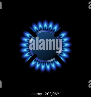 Moderner Gasbrenner mit blauer Flamme, schwarzes Stahlgitter. Blick auf Küche Gas-Brenner Ring. Realistisches Brennerpropan Butan Ofenelement für Web-Innenarchitektur isoliert auf schwarzem Hintergrund. Stock Vektor
