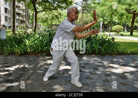 FOSHAN, CHINA - CIRCA JUNI 2020: Ein chinesischer Kung-Fu Großmeister zeigt einzelne Techniken des Drachen-Stils Kung-Fu. Stockfoto