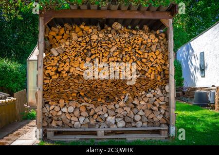 Brennholz Haufen im Garten der Großväter in Niederbayern Stockfoto