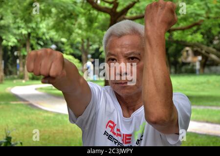 FOSHAN, CHINA - CIRCA JUNI 2020: Ein chinesischer Kung-Fu Großmeister zeigt einzelne Techniken des Drachen-Stils Kung-Fu. Stockfoto