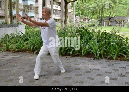 FOSHAN, CHINA - CIRCA JUNI 2020: Ein chinesischer Kung-Fu Großmeister zeigt einzelne Techniken des Drachen-Stils Kung-Fu. Stockfoto