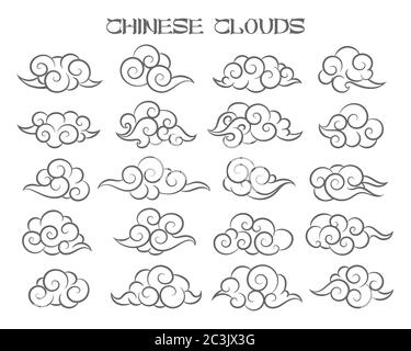 Sammlung von handgezeichneten asiatischen Wolken. Vektorgrafik. Stock Vektor