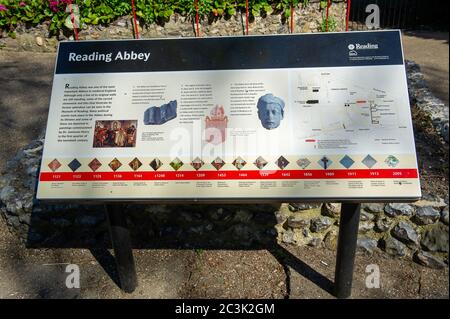 Reading, Berkshire, Großbritannien. April 2015. Ein Schild mit Informationen über die Geschichte der Abtei von Reading im Stadtzentrum von Reading, Berkshire. Quelle: Maureen McLean/Alamy Stockfoto