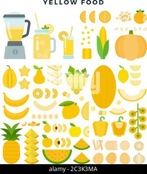 Gelbe Gemüse, Obst und Säfte, flaches Icon Set. Vektorgrafik. Stock Vektor