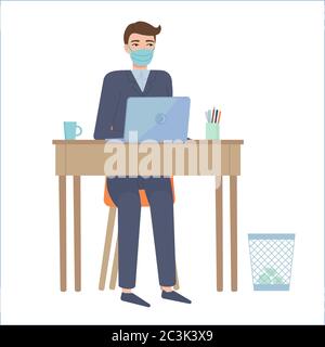 Mann im Anzug und schützende Gesichtsmaske siting am Tisch.Remote Arbeit, Online-Bildung, Home Office, Quarantäne-Effekte concept.Stock Vektor-Illustration Stock Vektor