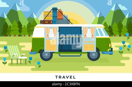 Reisewagen für Reisen Vektor flache Illustration. Bus mit verschiedenen Elementen steht in der Nähe von Bergen. Stock Vektor
