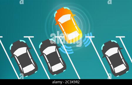 Konzept des selbstfahrenden Autos auf dem Parkplatz, 3d-Rendering Stockfoto