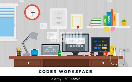 Illustration Innenraum Programmierer Arbeitsplatz Vektor Symbol flach isoliert Stock Vektor