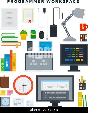 Programmierer Arbeitsplatz Elemente, Satz. Büroarbeitsplatz, Tools und Innenelemente für Softwareentwickler. Flache Vektorgrafik. Stock Vektor