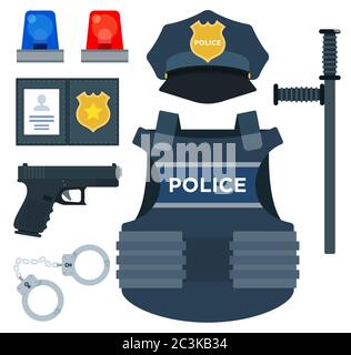 Ein Satz von speziellen Polizei Uniformen und Schutzausrüstung Vektor-Illustration in einem flachen Design Stock Vektor