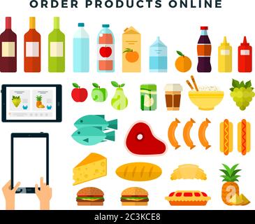 Bestellung von Lebensmitteln über die mobile App. Online-Shopping. Bestellen Sie Produkte mit dem Tablet. Vektor-Symbole in flachem Design gesetzt. Stock Vektor