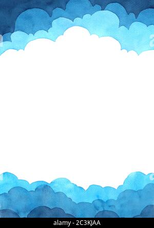 Abstrakte Aquarell Hand Malerei Illustration in Wolke Konzept. Hellblauer gewellter Hintergrund. Hohe Auflösung. Design für Karte, Cover, Print, Web. Stockfoto