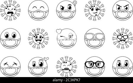 Emojis mit Masken Linie Stil Icon Set Design der medizinischen Versorgung und covid 19 Virus Thema Vektor Illustration Stock Vektor