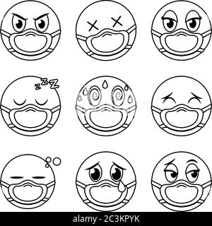 Emojis mit Masken Linie Stil Icon Set Design der medizinischen Versorgung und covid 19 Virus Thema Vektor Illustration Stock Vektor