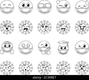 Emojis mit Masken Linie Stil Icon Set Design der medizinischen Versorgung und covid 19 Virus Thema Vektor Illustration Stock Vektor