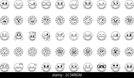 Emojis mit Masken Linie Stil Icon Set Design der medizinischen Versorgung und covid 19 Virus Thema Vektor Illustration Stock Vektor