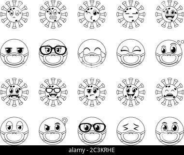 Emojis mit Masken Linie Stil Icon Set Design der medizinischen Versorgung und covid 19 Virus Thema Vektor Illustration Stock Vektor