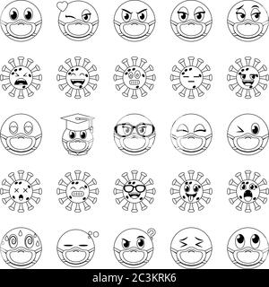Emojis mit Masken Linie Stil Icon Set Design der medizinischen Versorgung und covid 19 Virus Thema Vektor Illustration Stock Vektor