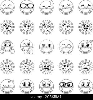Emojis mit Masken Linie Stil Icon Set Design der medizinischen Versorgung und covid 19 Virus Thema Vektor Illustration Stock Vektor