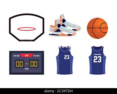 Set von Basketball-Symbole, enthält solche Symbole wie Basketball Korb, Schuhe, Ball, Score-Board, Shirts Stock Vektor