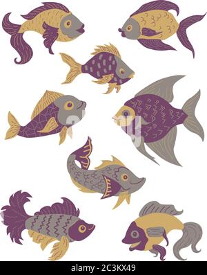 Isolierter Fischsatz. Set von Süßwasser Aquarium Cartoon Fische. Violette, goldene, violette und graue Farben. Fisch in flachem Design. Vektorgrafik, Fische. f Stock Vektor