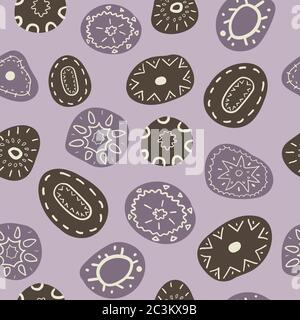 Abstrakt geometrisch dekoratives Nahtmuster. Handgezeichnete Kieselsteine mit Ornament auf fliederem Hintergrund. Stock Vektor