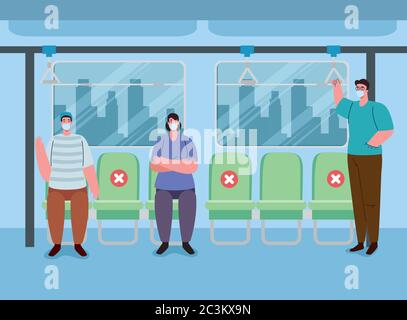 Soziale Distancing Stühle Platz im Bus, Menschen tragen medizinische Maske, Pandemie Verringerung der Gefahr von Infektionen, soziale Distanzierung Konzept Stock Vektor