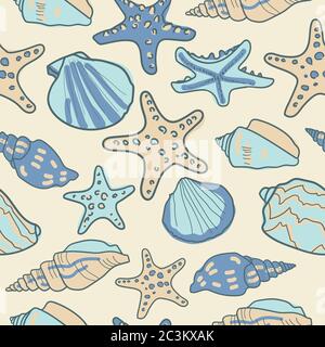 Nahtloses Muster mit Muscheln und Seesternen. Meereshintergrund. Stock Vektor