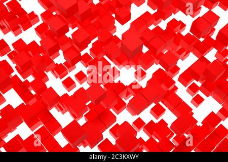 3D-Illustration Hintergrund, Textur einer großen Anzahl von Tauben geometrischen Formen in verschiedenen Größen und Formen. Rote Tetris Formen mit Bewegungseffekt. P Stockfoto