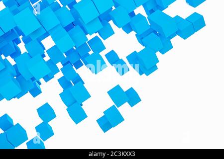 3D-Illustration Hintergrund, Textur einer großen Anzahl von Tauben geometrischen Formen in verschiedenen Größen und Formen. Blaue Tetris Formen mit Bewegungseffekt. Stockfoto
