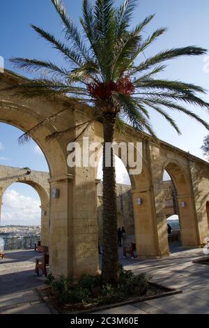 VALLETTA, MALTA - 31. DEZEMBER 2019: Bögen der oberen Barrakka-Gärten in Valletta mit Palmen Stockfoto