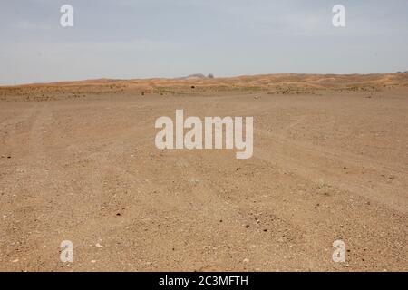 4WD (Allradantrieb) Fahrzeug Reifen Spuren in arabischen Wüste Sanddünen von Offroading, Düne Bashing Aktivität eingeprägt. Stockfoto